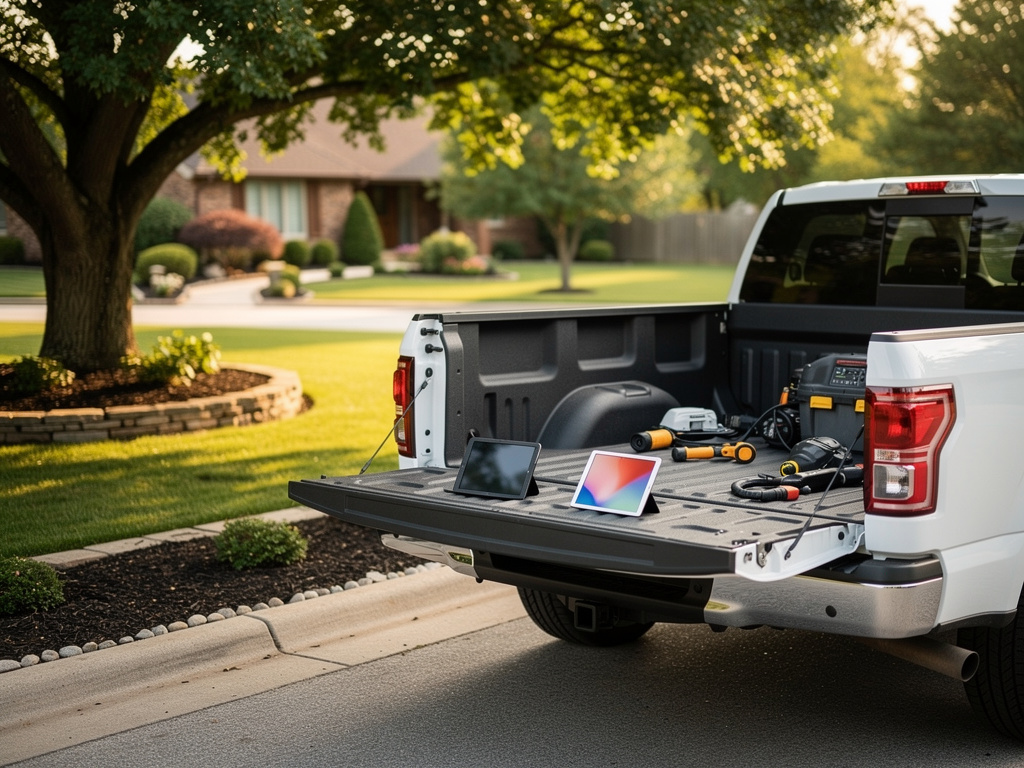 A work truck parked at the curb with tools neatly arranged and a tablet and phone resting on the open tailgate, nobody i