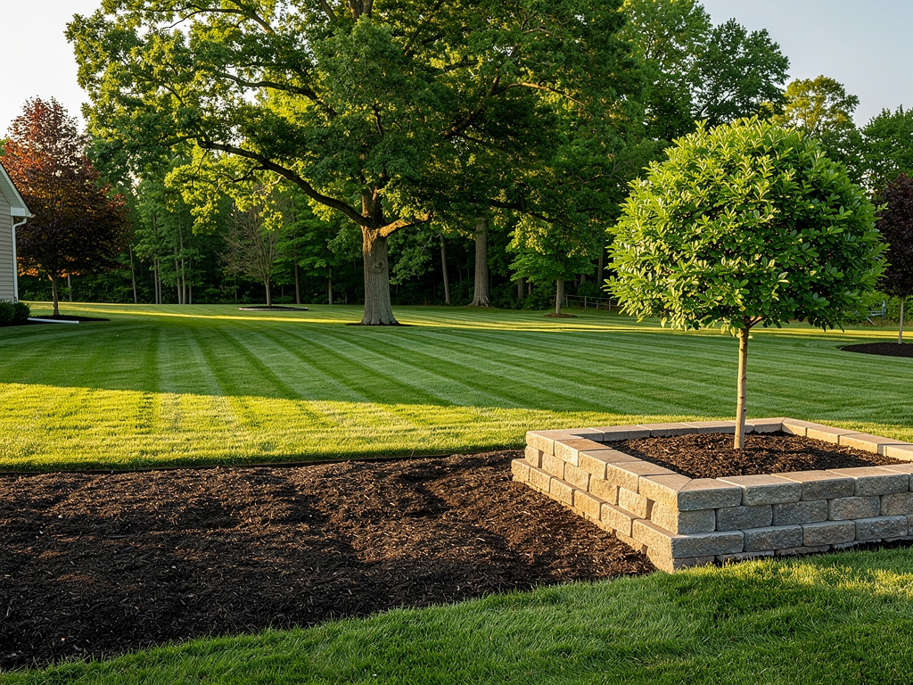 A tidy property where a new garden bed, a striped lawn and a pruned tree sit side by side.