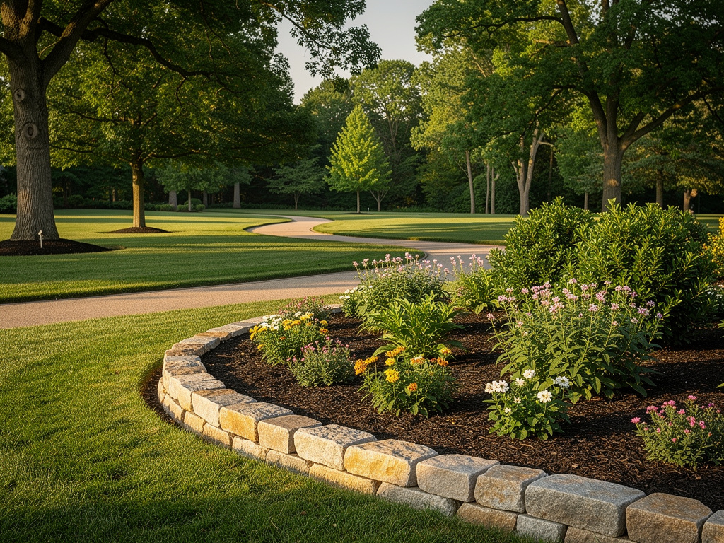 A newly installed garden bed with layered shrubs, perennials and stone edging along a curved path.