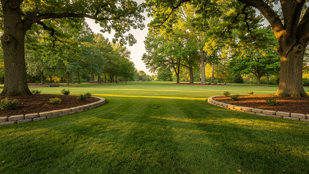 A wide view of a lush, freshly mowed lawn framed by mature trees and neat mulch beds in golden afternoon light.