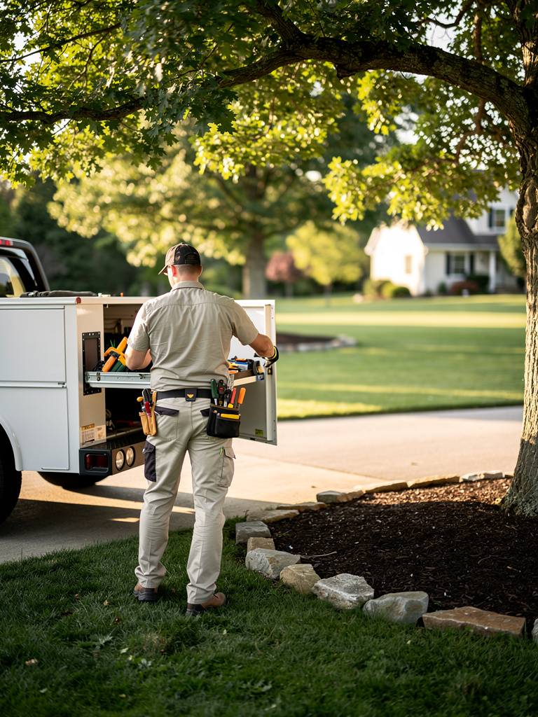 A crew member seen from behind loading pruning tools into a work truck parked beside a tree-lined lawn.